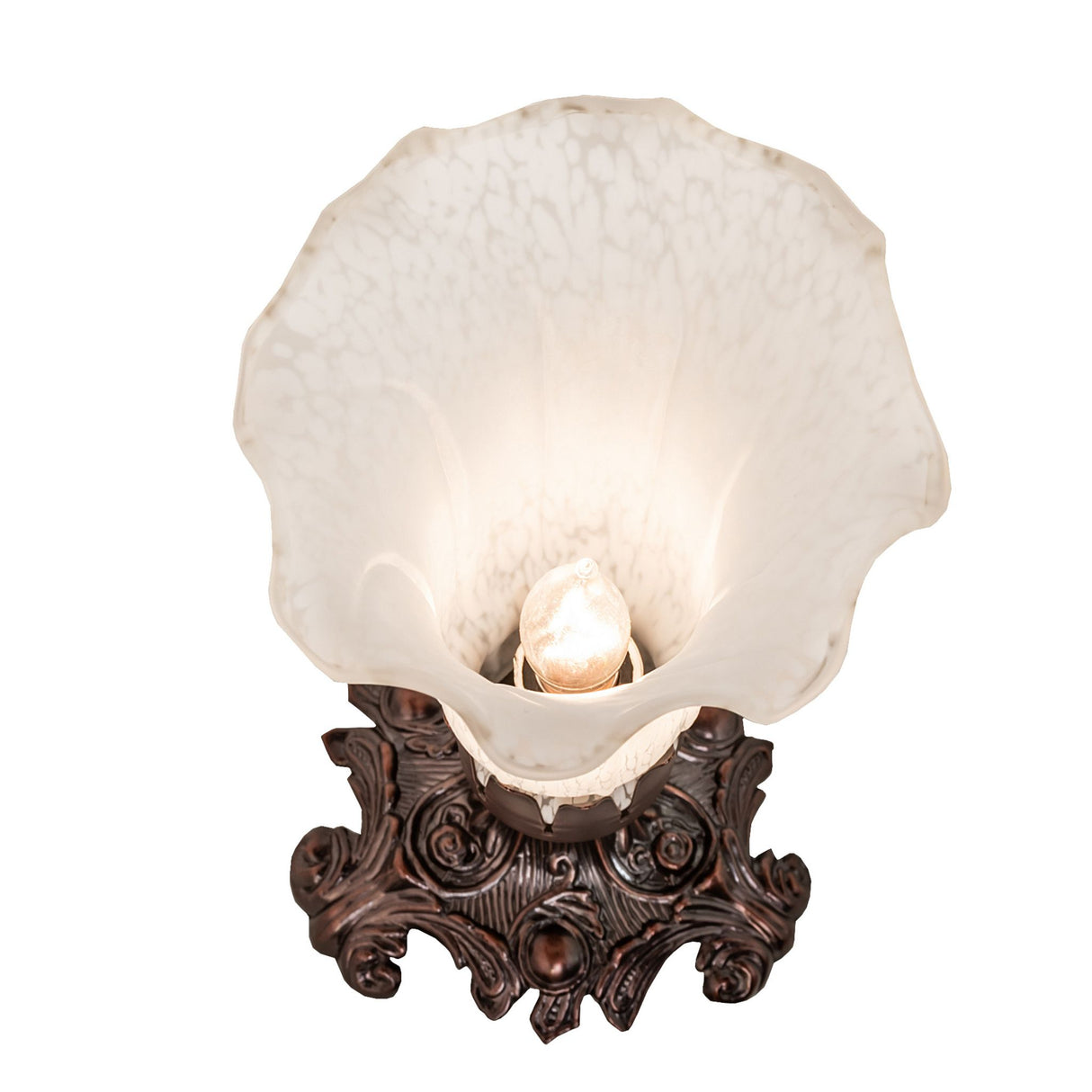 Top view of the White Tiffany Pond Lily Victorian Accent Lamp, highlighting its floral design.