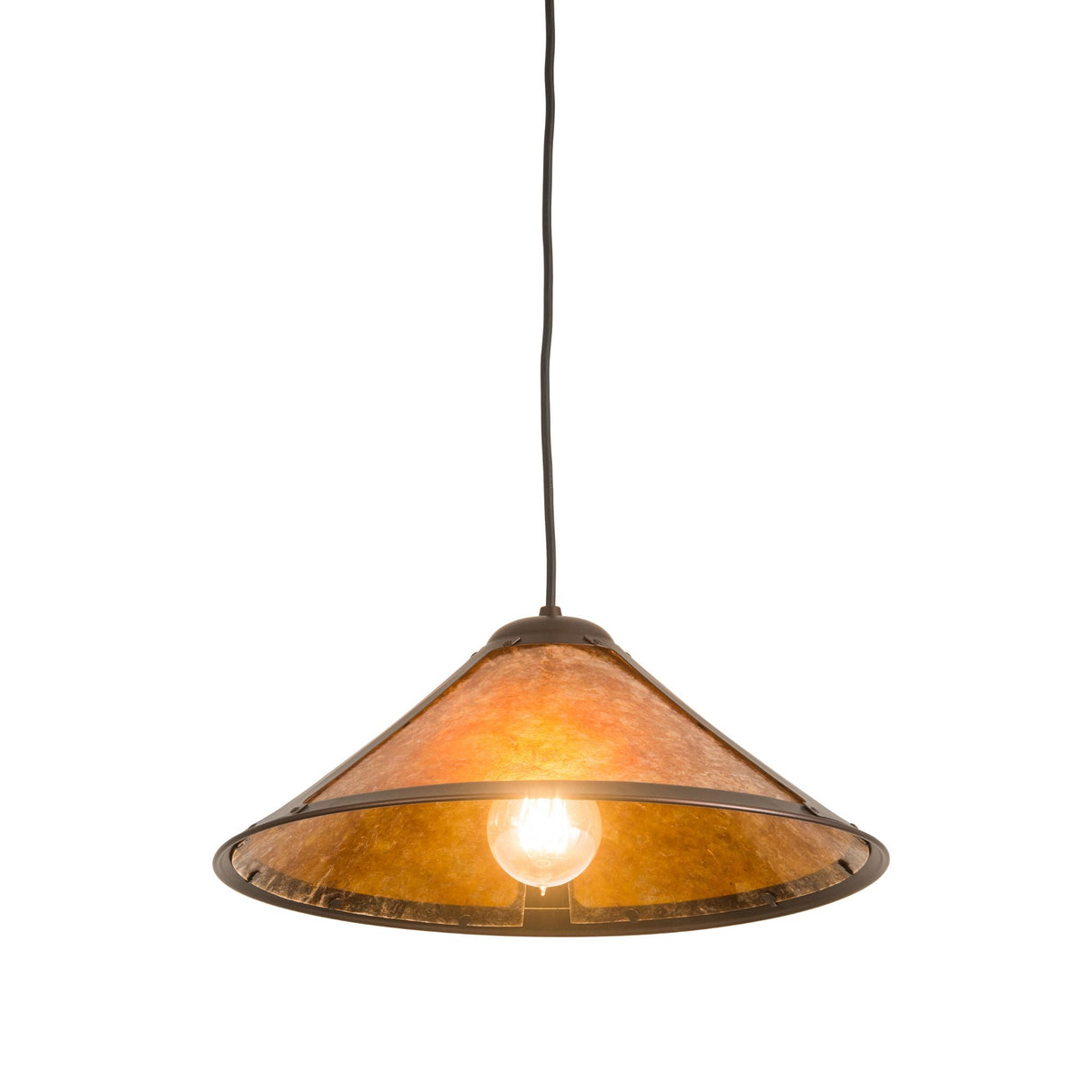 Warmly lit amber mica Wide Sutter Pendant.