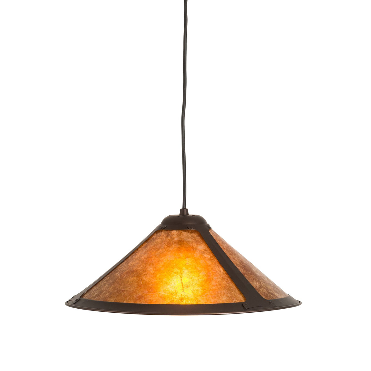 Side view of Wide Sutter Pendant with mahogany bronze frame.