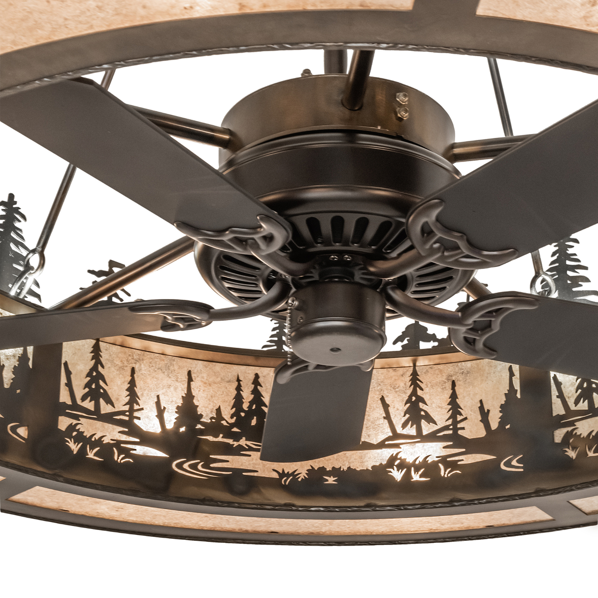 Close-up of fan blades and glowing mica diffuser beneath wildlife scene.