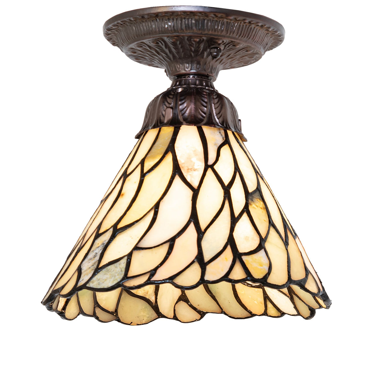 An 8" semi-flush light fixture with a Willow Jadestone stained glass shade, elegantly illuminating the space.