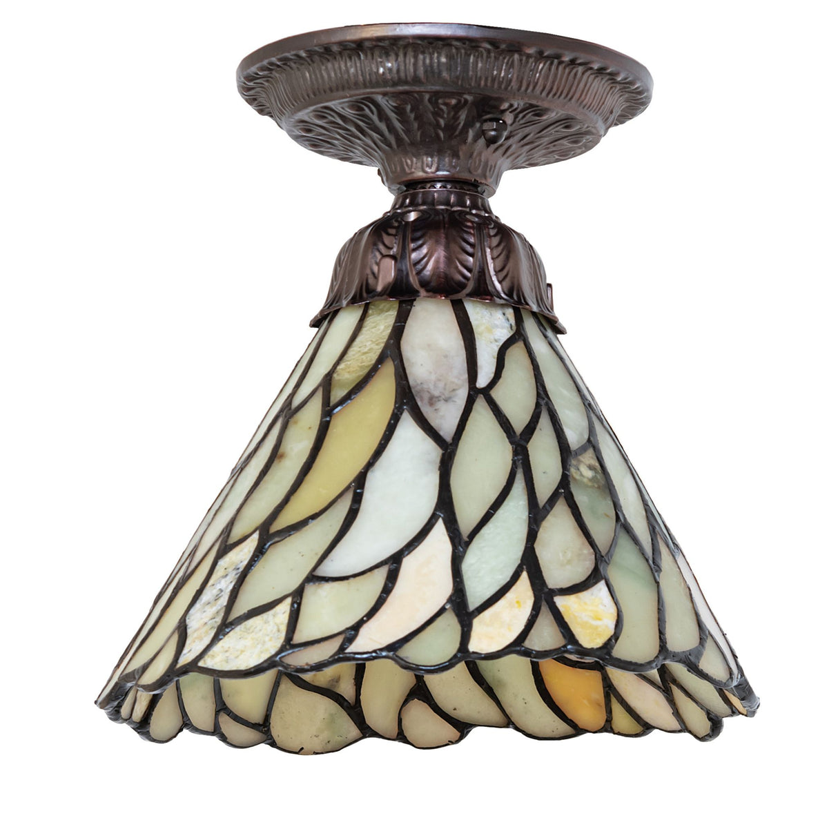 Unlit semi-flush light fixture with an 8" stained glass shade.