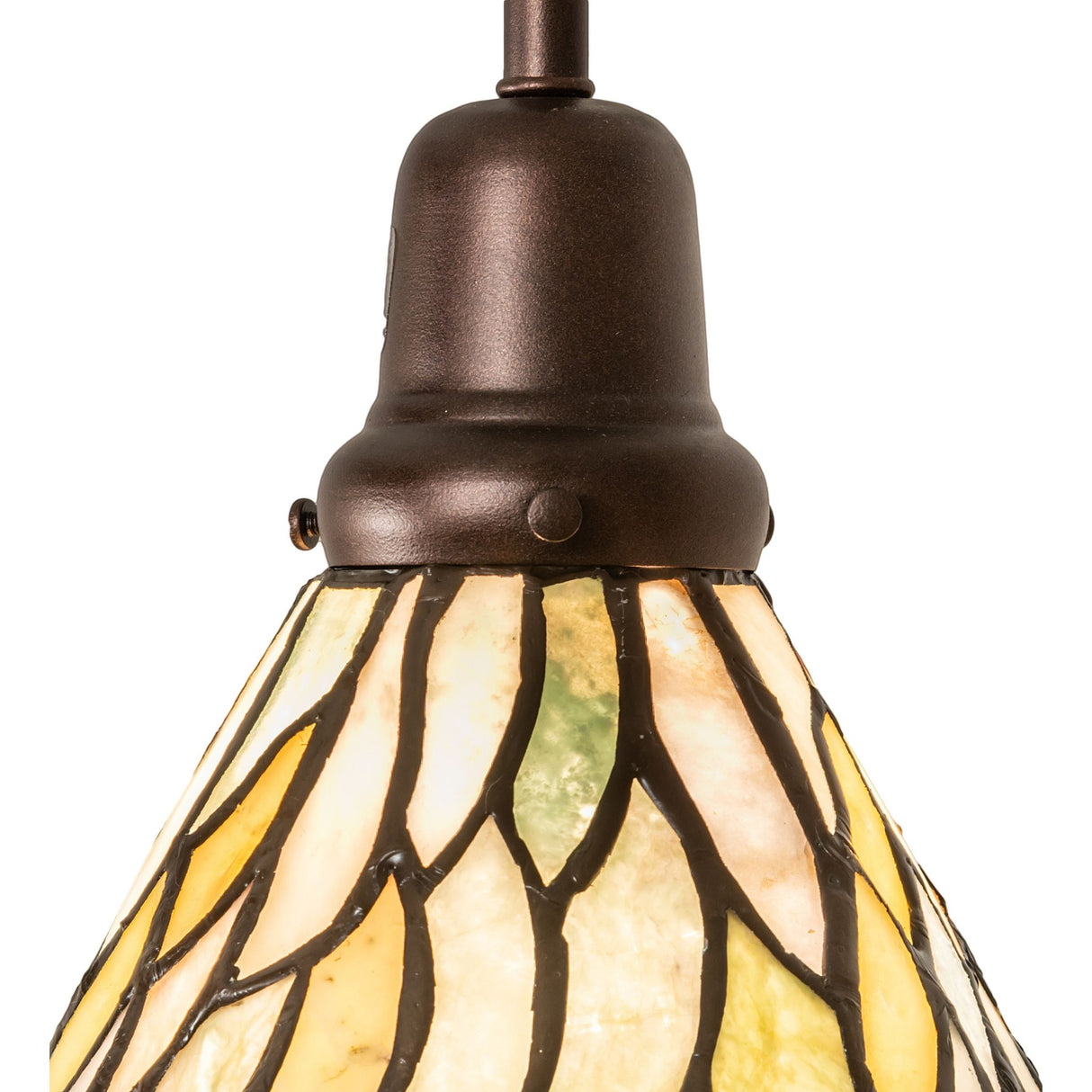 Close-up of pendant light fixture with stained glass.