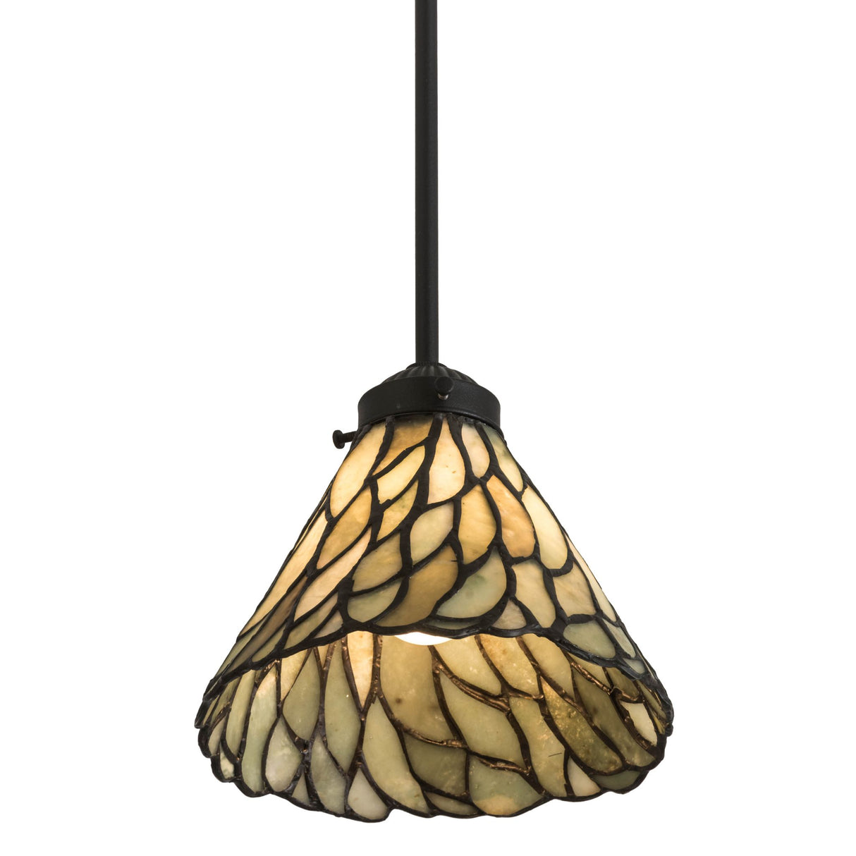 A glowing Willow Jadestone Mini Pendant showcasing intricate leaf patterns and a soft ambient light.