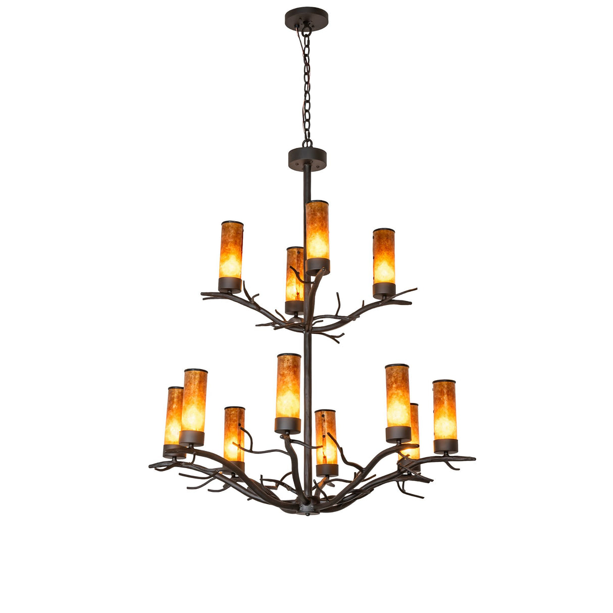 Full view of Winter Solstice 12 light chandelier showing complete height and tiered design.