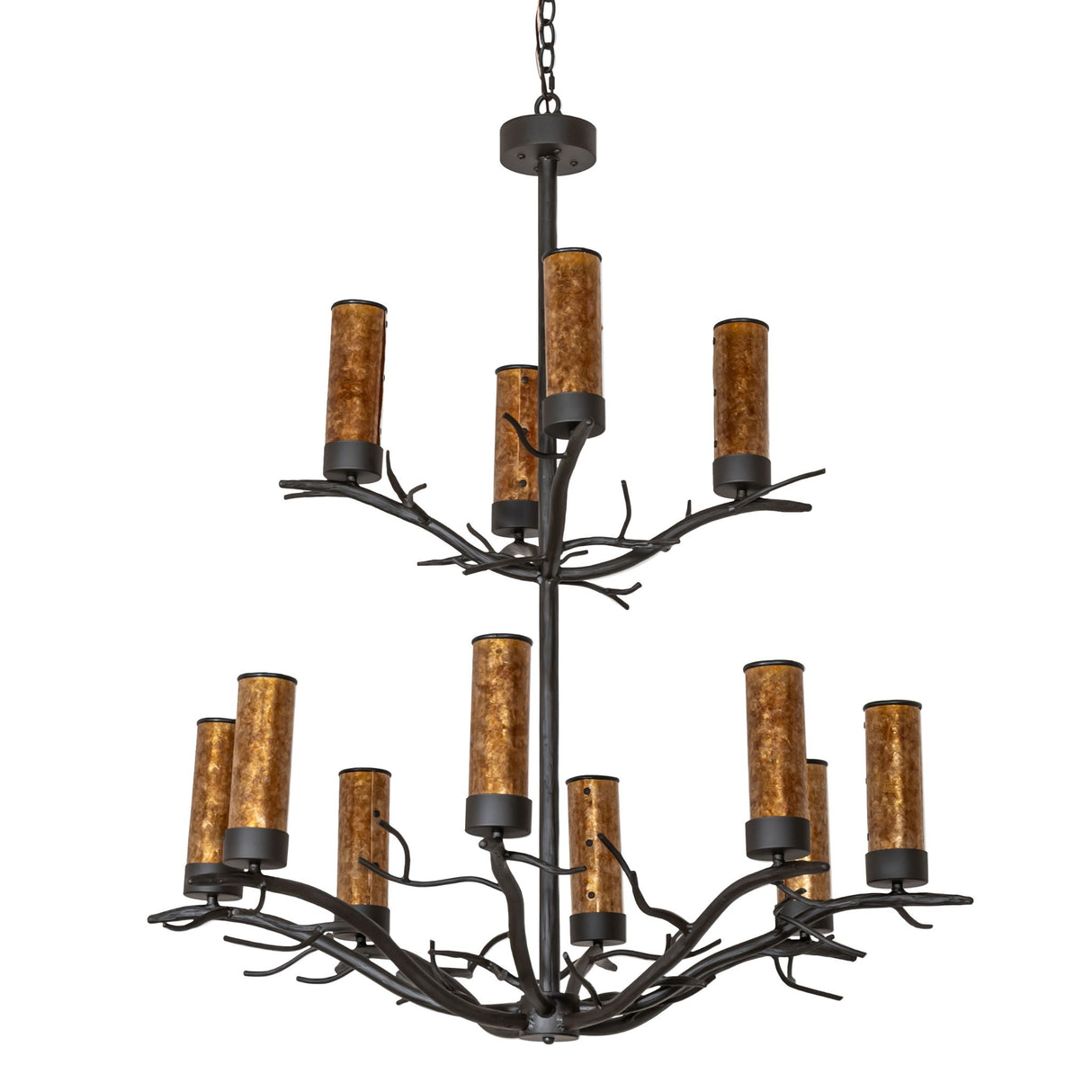 Unlit view of Winter Solstice chandelier highlighting branch-style frame and amber mica shades.