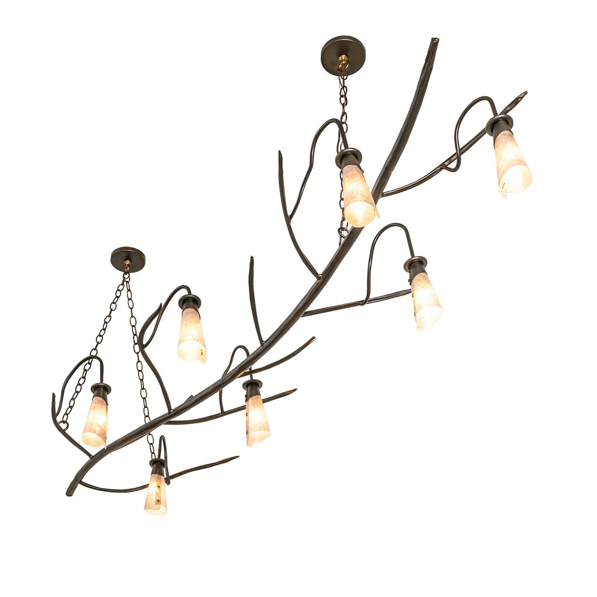 Angled view of oblong chandelier showcasing organic branch-inspired silhouette.