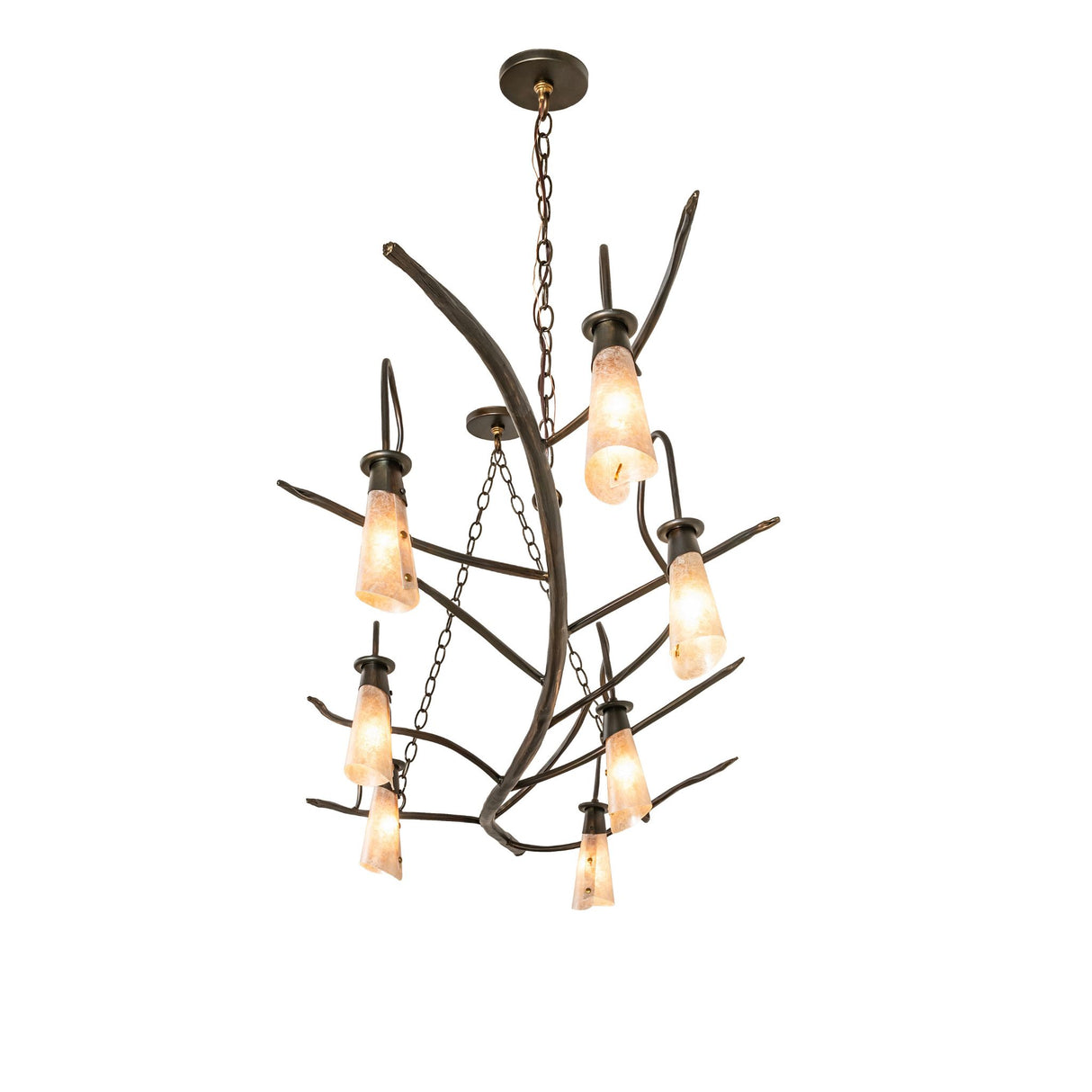 Side angle view highlighting curved metal branches and staggered mica light placement.