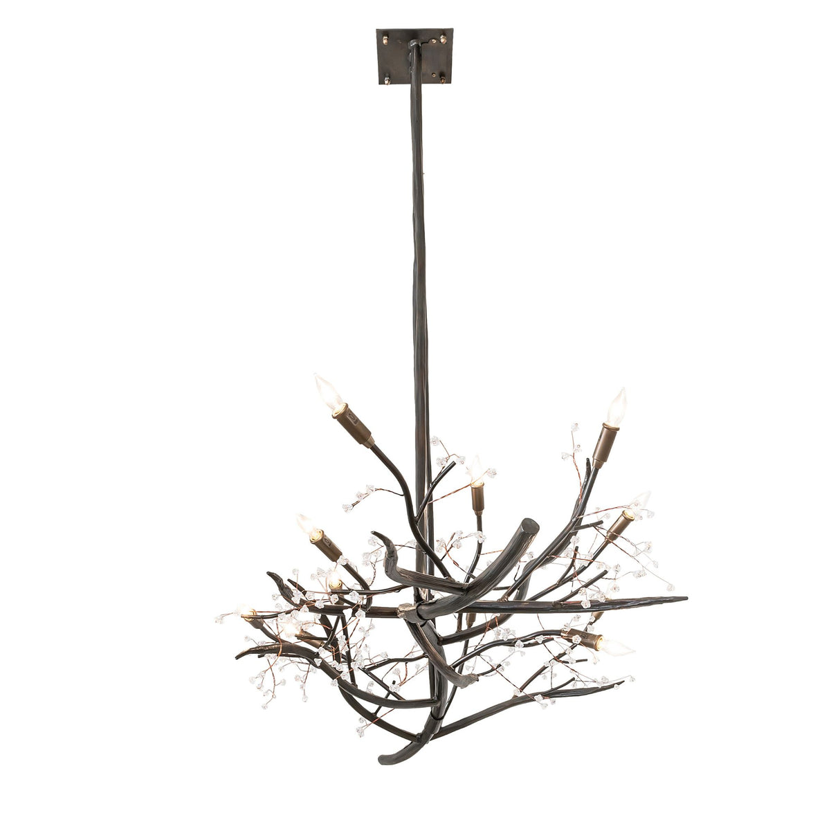 Angled view of chandelier emphasizing branching silhouette and candle lights.