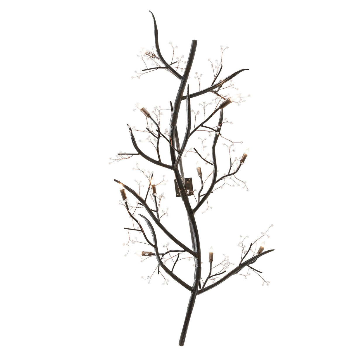 Bottom view of chandelier revealing intricate branch network and light placement.