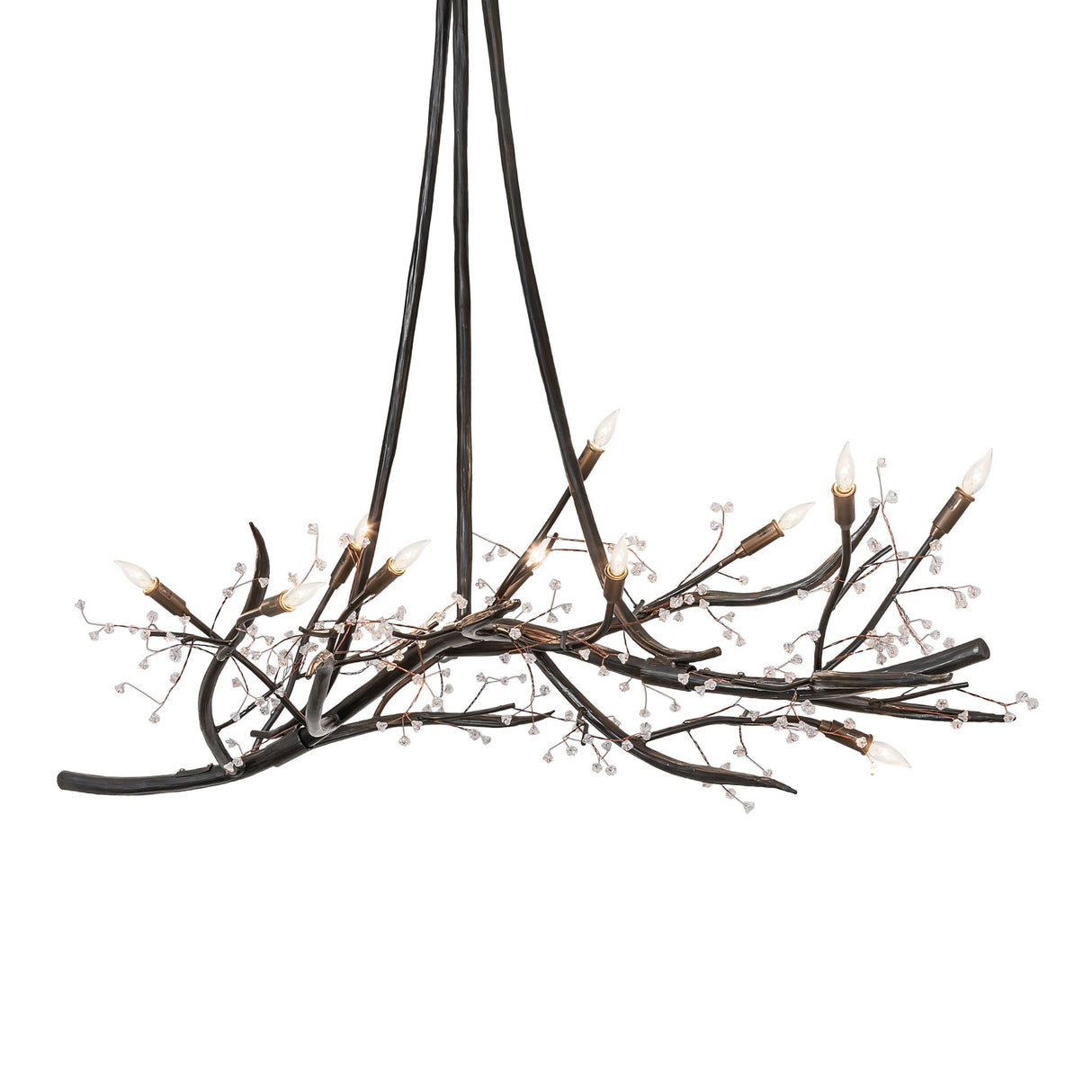Lit view, showcasing glowing candle-style bulbs and sculptural metal branches.