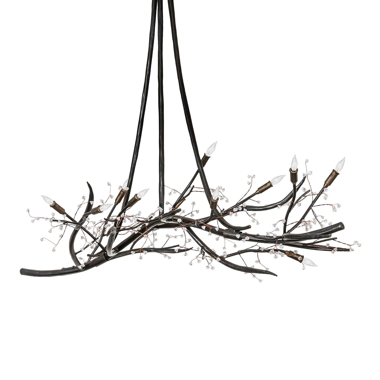 Winter solstice budding chandelier unlit, showing dark burnished metal branches and organic form.