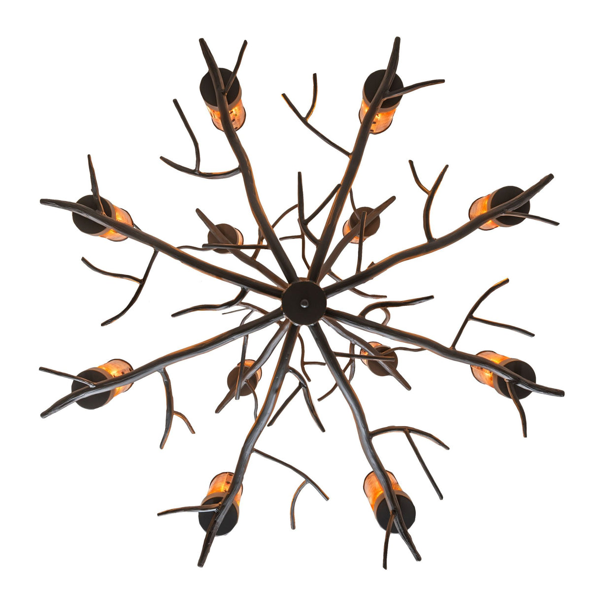Bottom view of Winter Solstice chandelier showing radial branch layout and light spacing.
