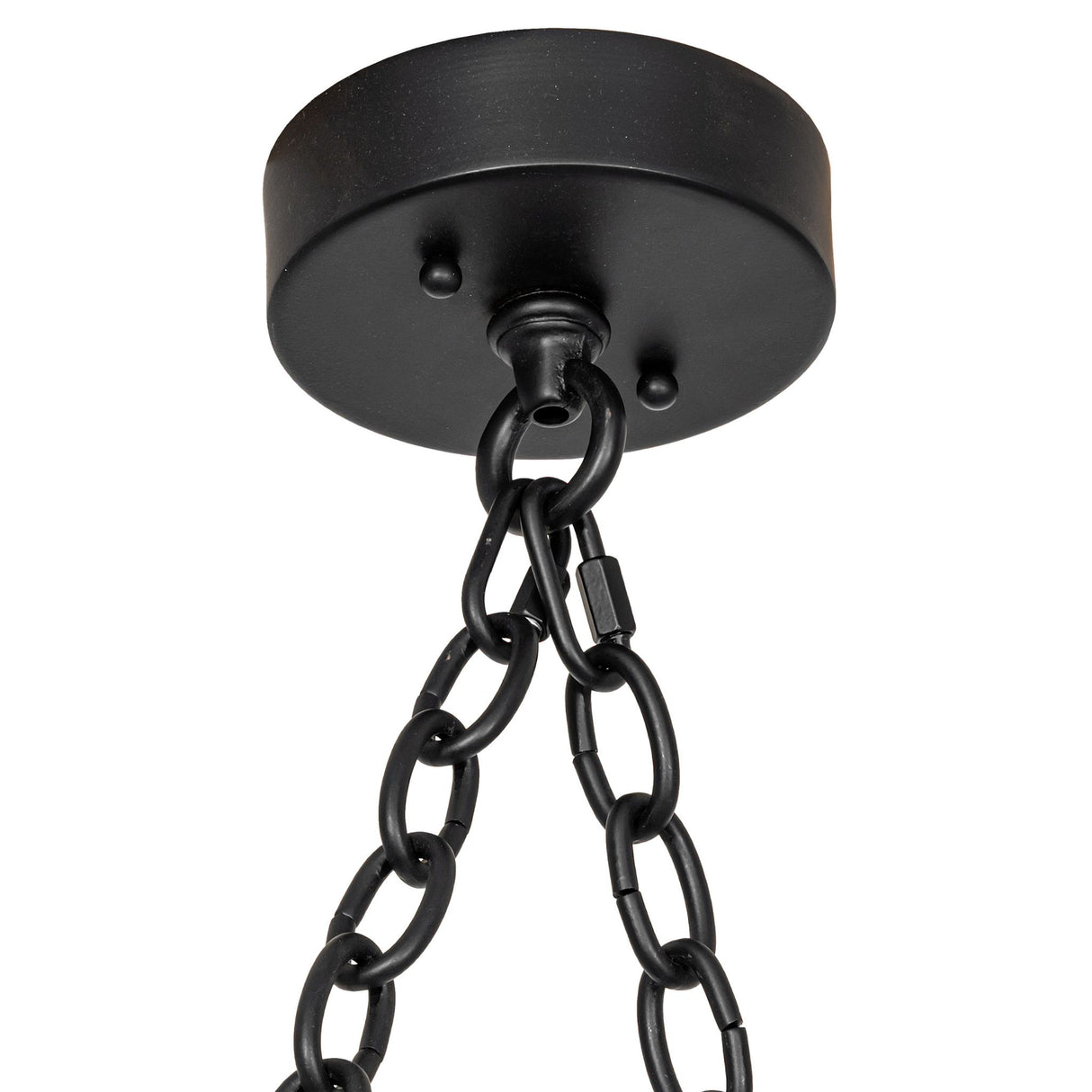 Close-up view of the chandelier ceiling canopy showing attached dual chain suspension.