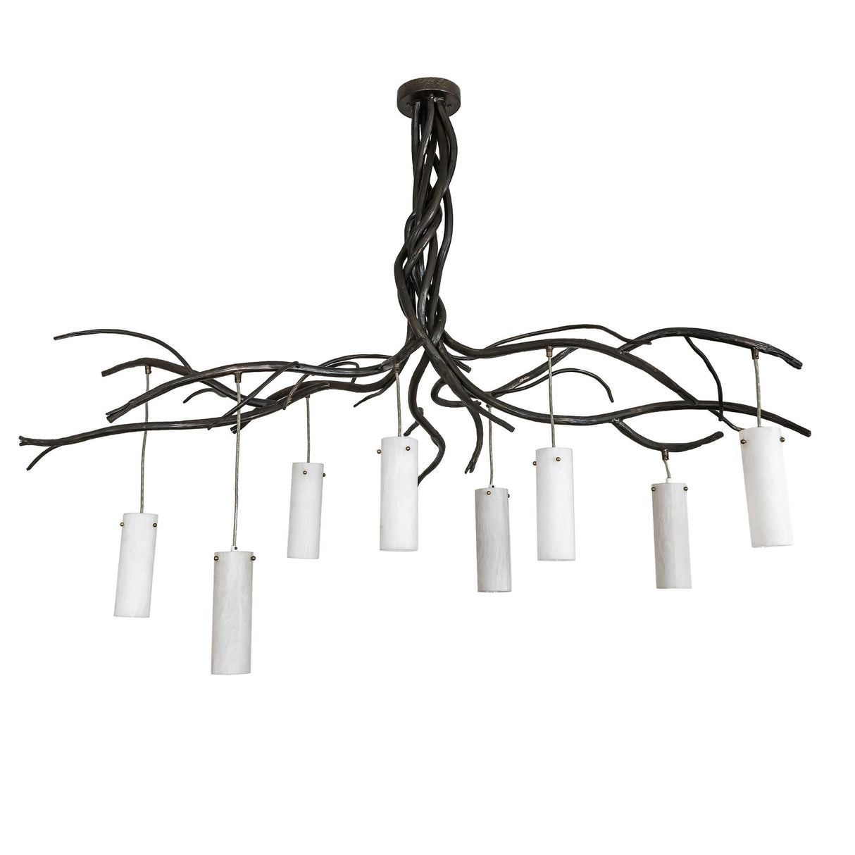 Unlit view of the chandelier highlighting pine branch-inspired metal framework and glass shades.