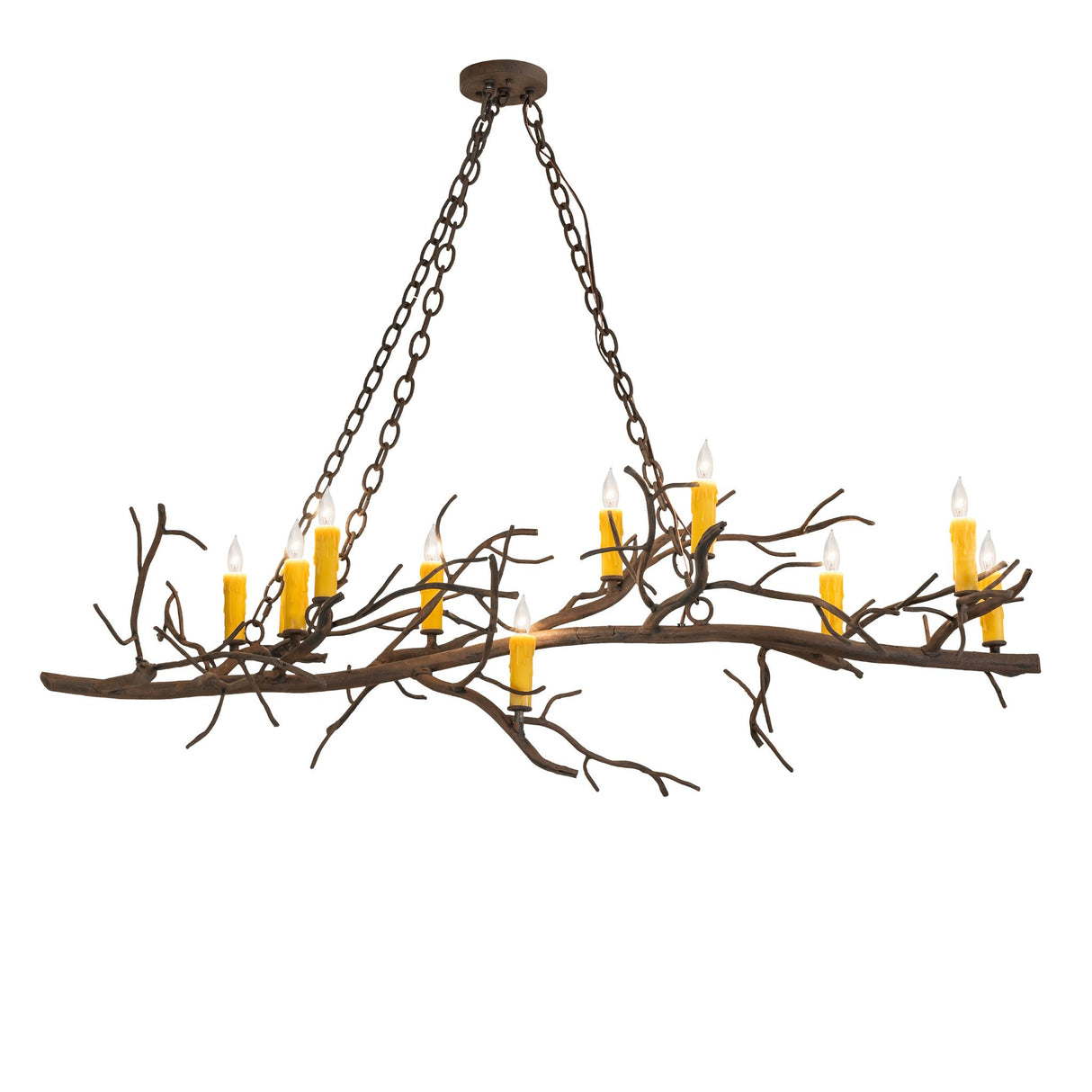 Lit view of Winter Solstice oblong chandelier.