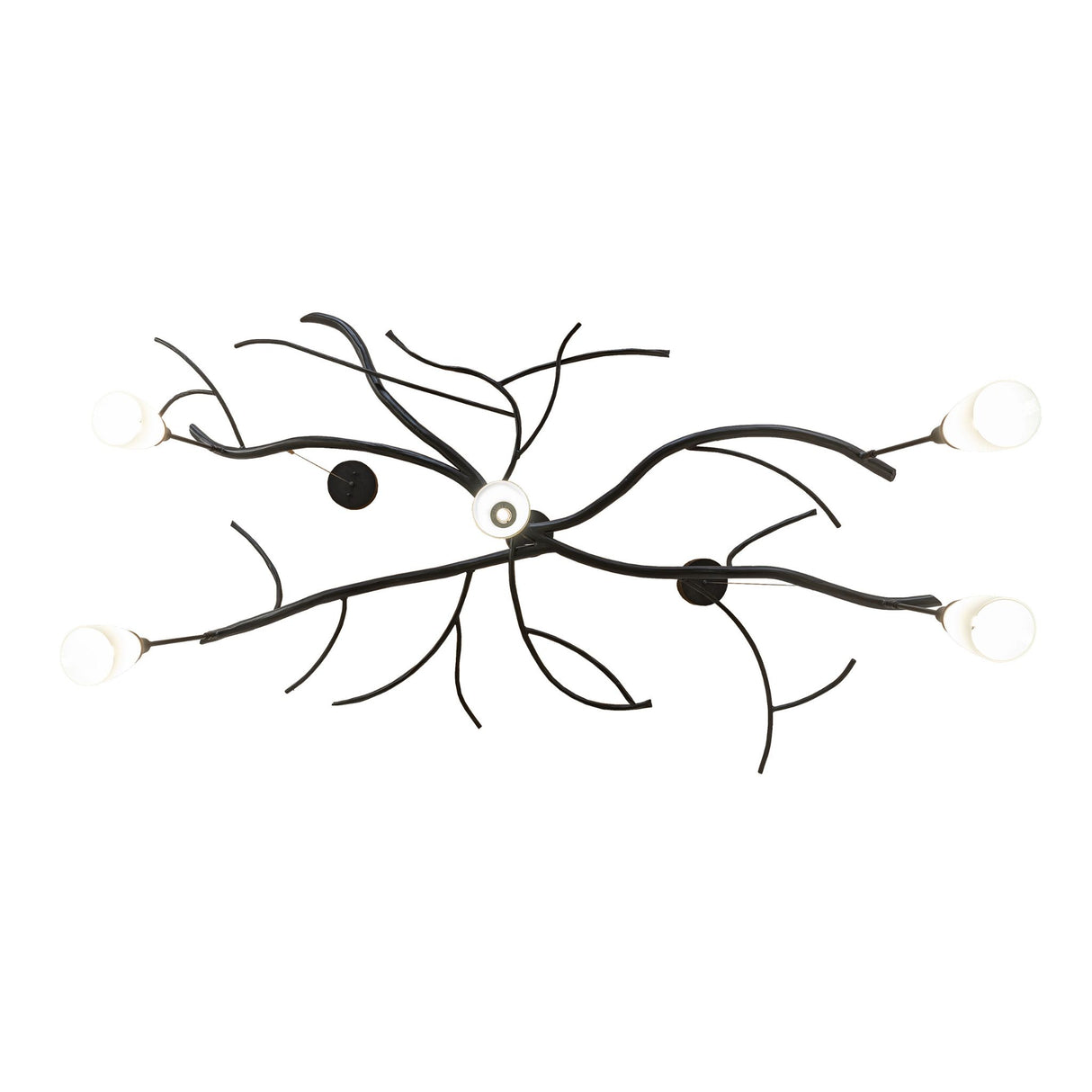 Bottom view of chandelier showing five evenly spaced glass shades.