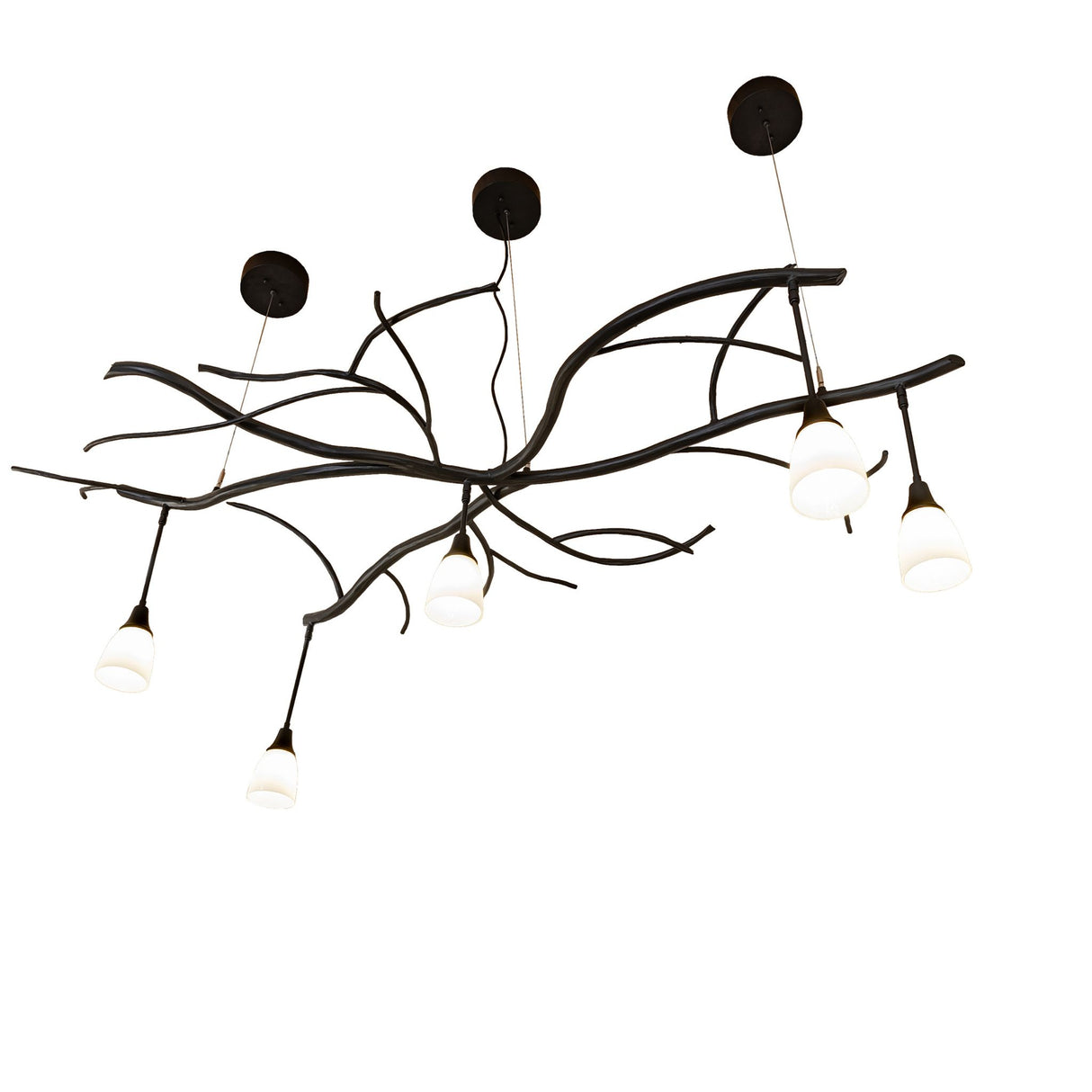 Bottom angle view emphasizing downward-facing goblet shades and organic metal branches.