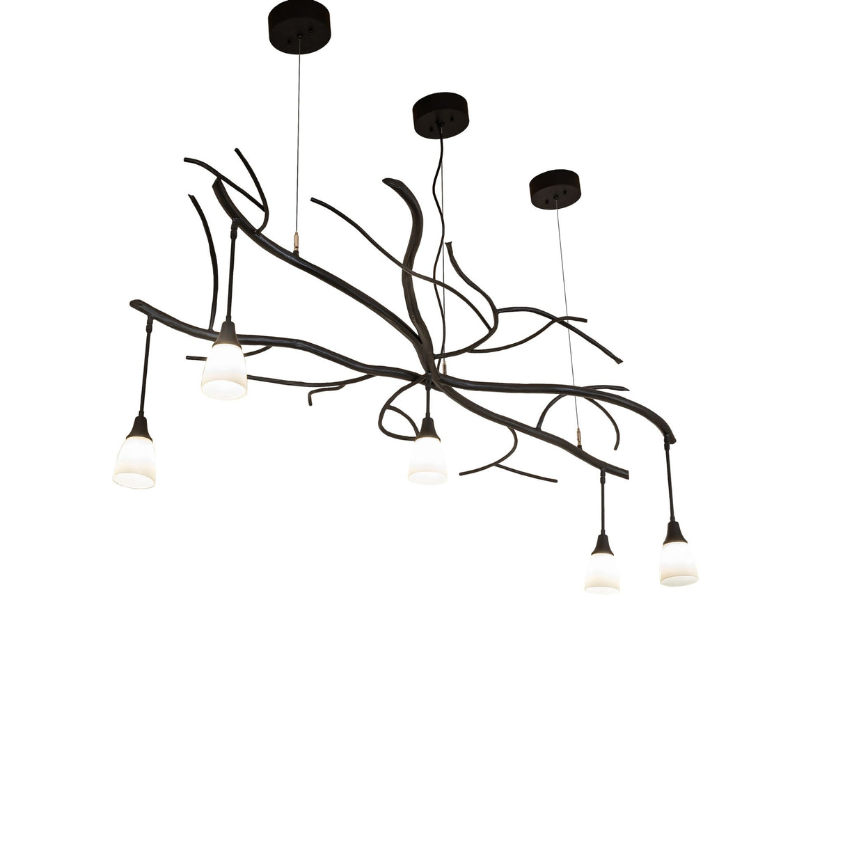 Lit view chandelier with five glass shades and black satin wrought iron branch frame.