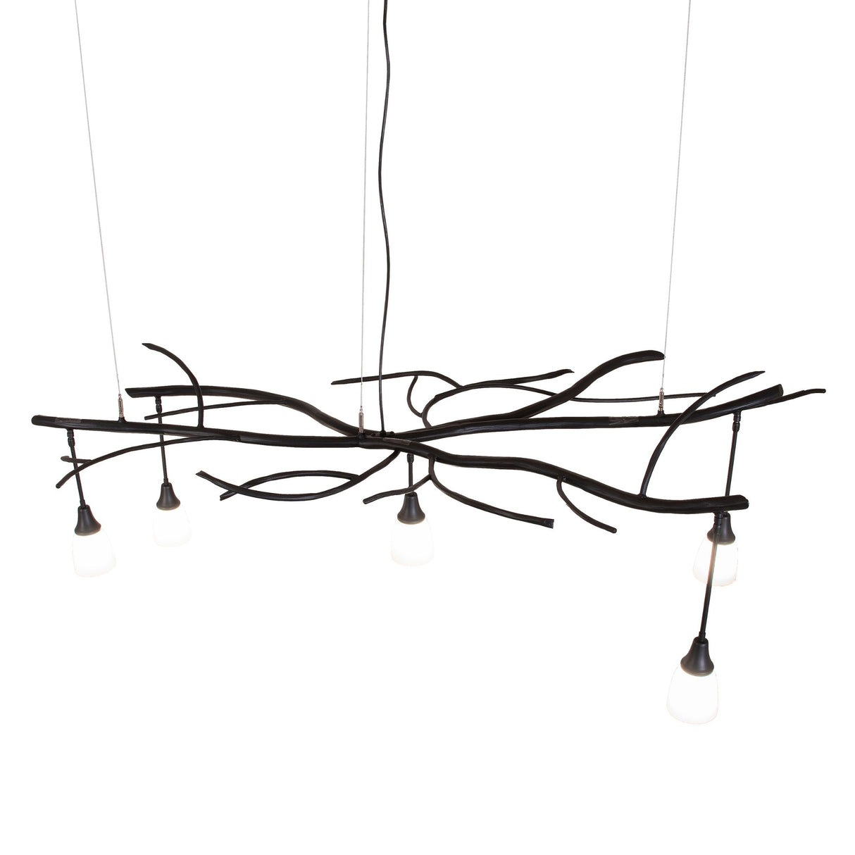 Top angle view of chandelier showing frame and cable suspension points.