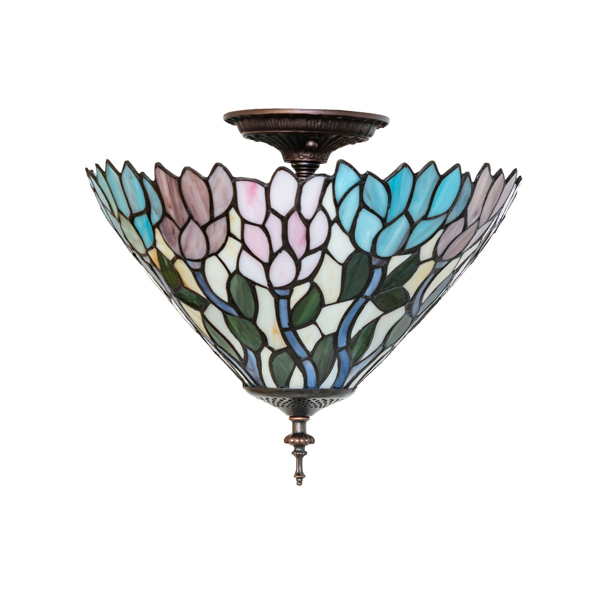 Full view of Wisteria flushmount with intricate stained glass.