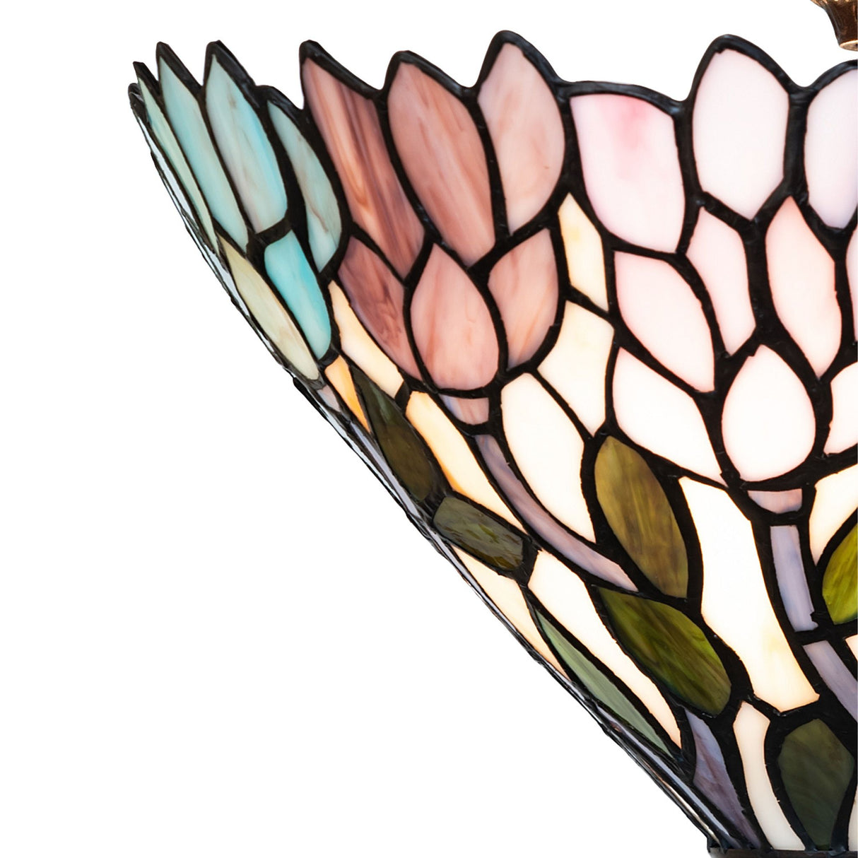 Close-up of stained glass detail in Wisteria flushmount.