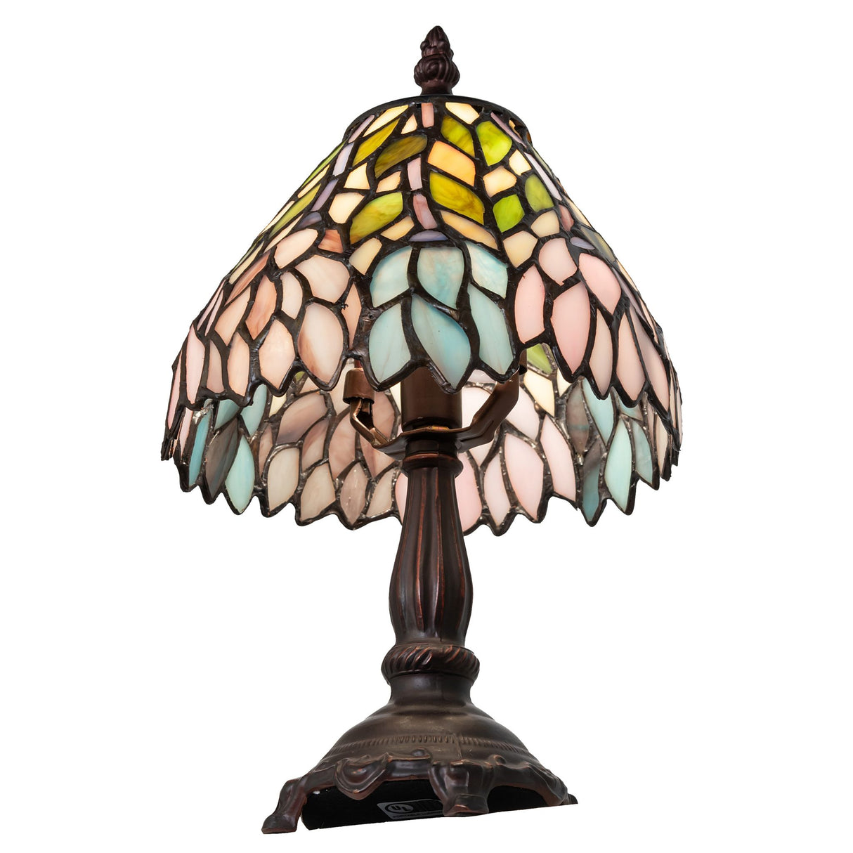 Angled view of the Wisteria Mini Lamp highlighting its intricate green, pink, and blue glasswork.