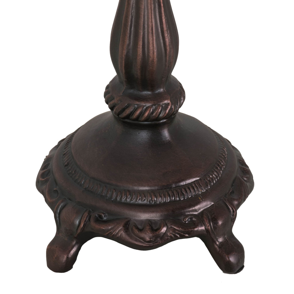 Close-up of the ornate bronze base on the wisteria mini lamp.