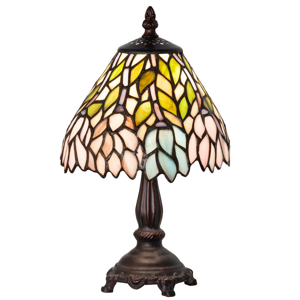 Wisteria mini lamp with cascading blossoms in blue, pink, and green glass on a bronze base.