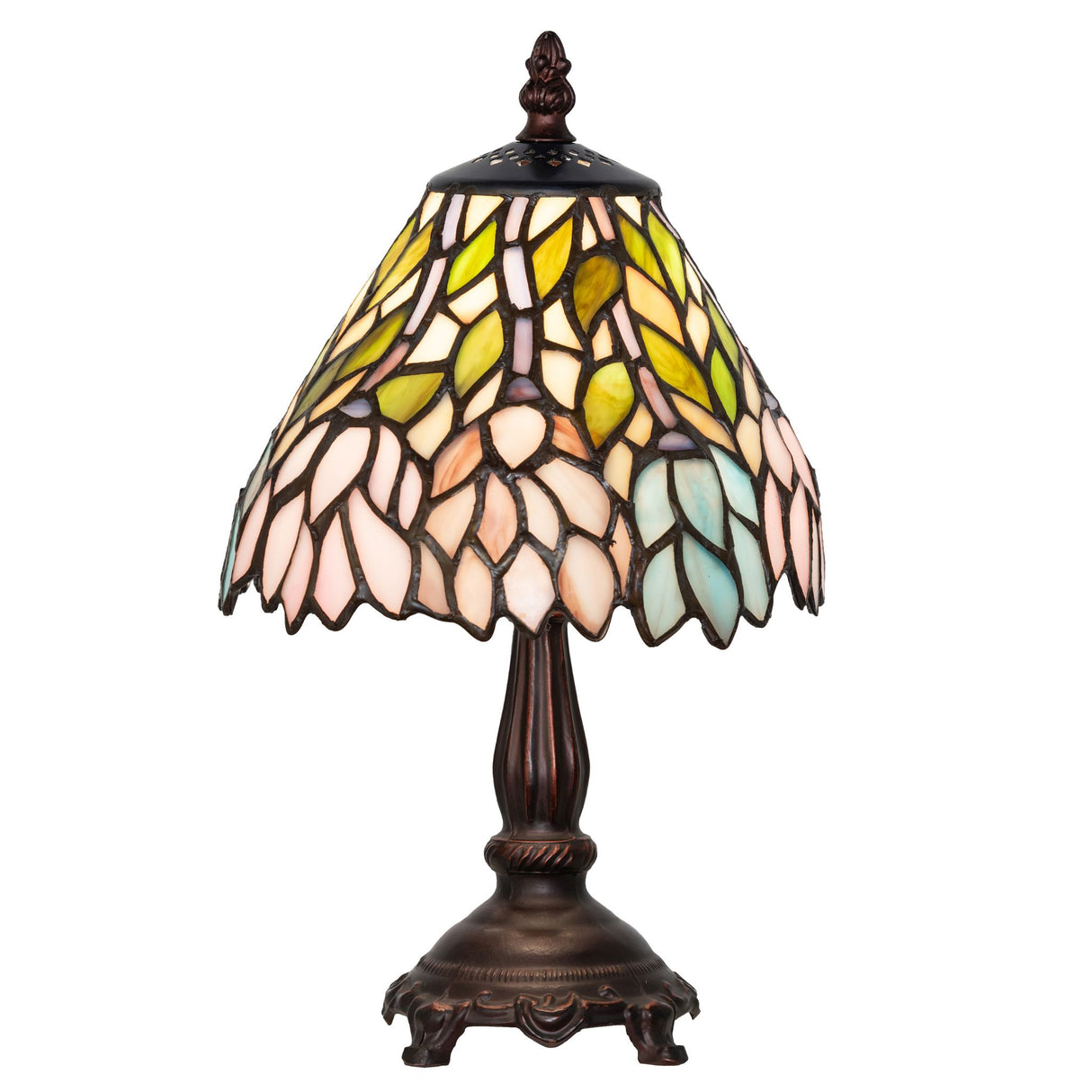 Side profile of wisteria mini lamp featuring intricate stained glass patterns.