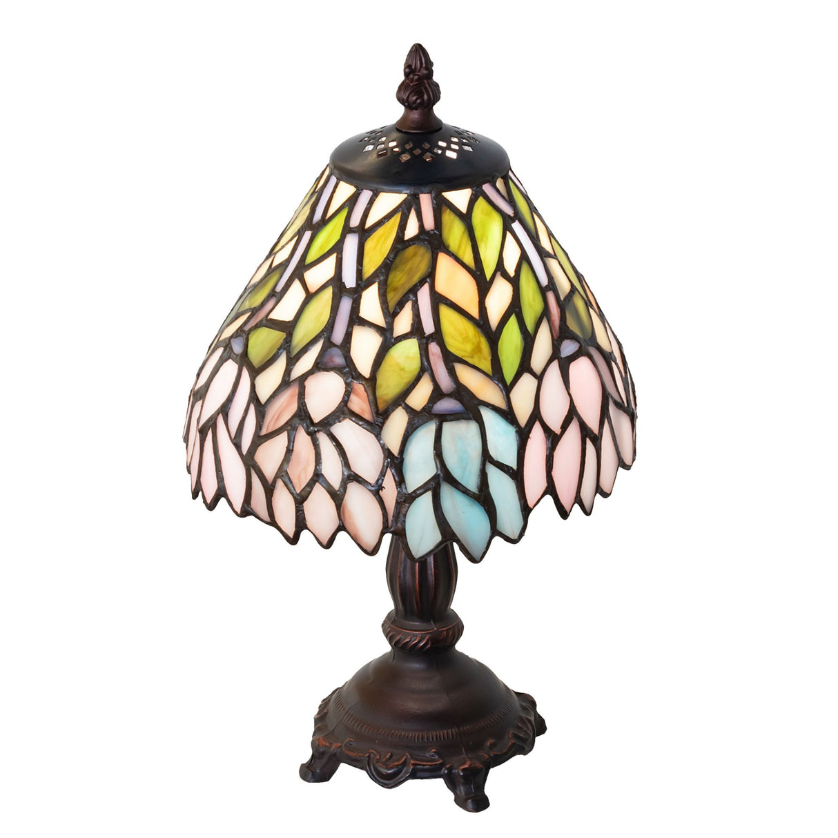 Top Angled view of 13" high Wisteria mini lamp showcasing intricate art glass.
