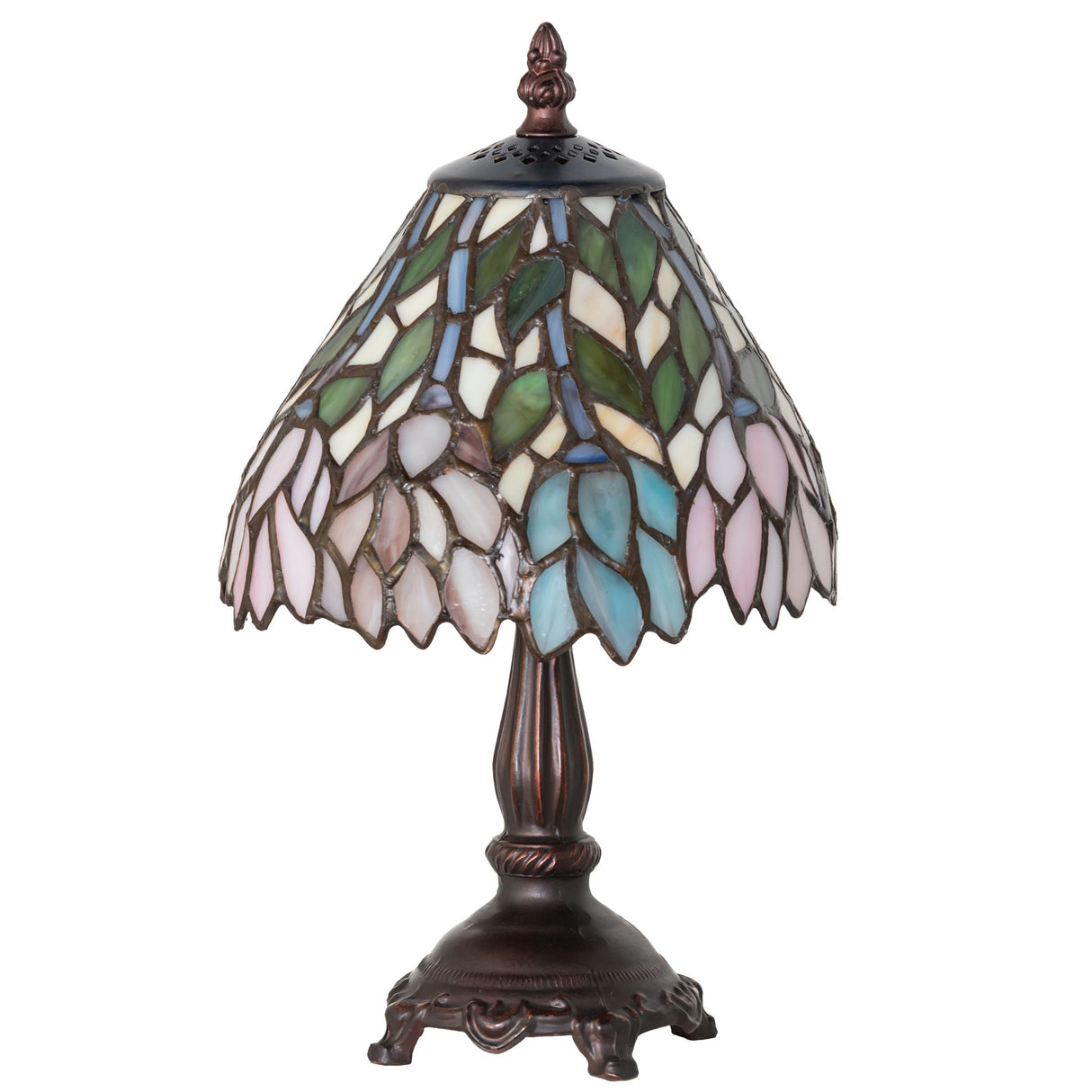 A front-facing view of the 13" High Wisteria Mini Unlit Lamp featuring multicolored art glass with a bronze base.