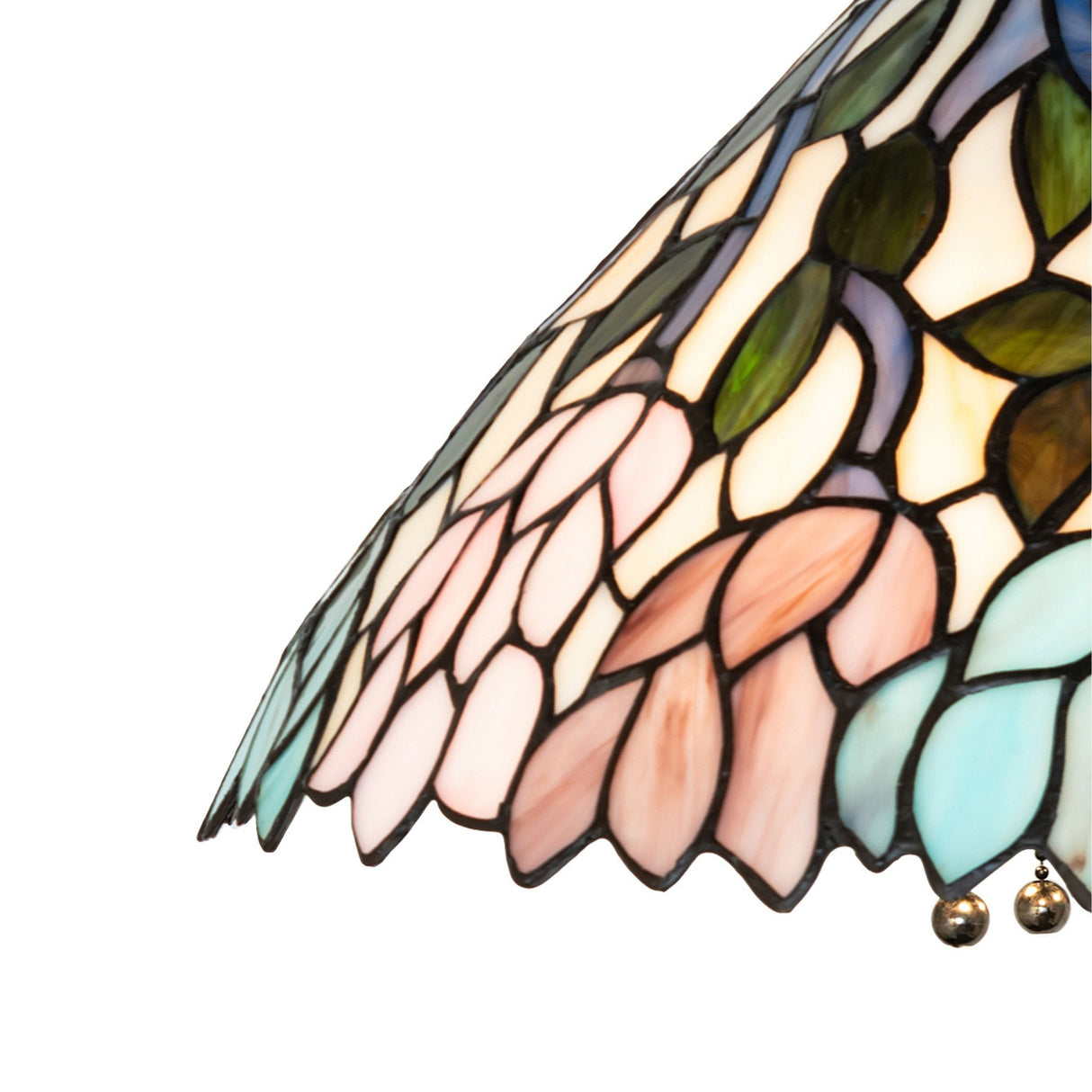 Close-up of stained glass on the Wisteria pendant lamp.