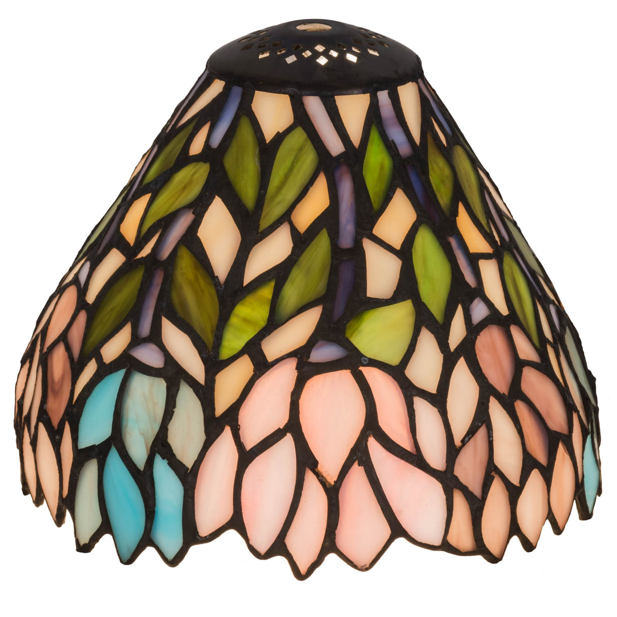 7" wide Wisteria lit shade with intricate stained glass design.