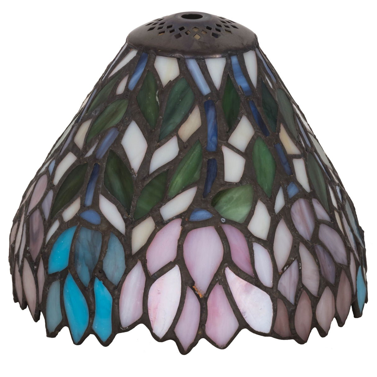 Unlit 7" stained glass lamp shade featuring a beautiful wisteria floral motif.
