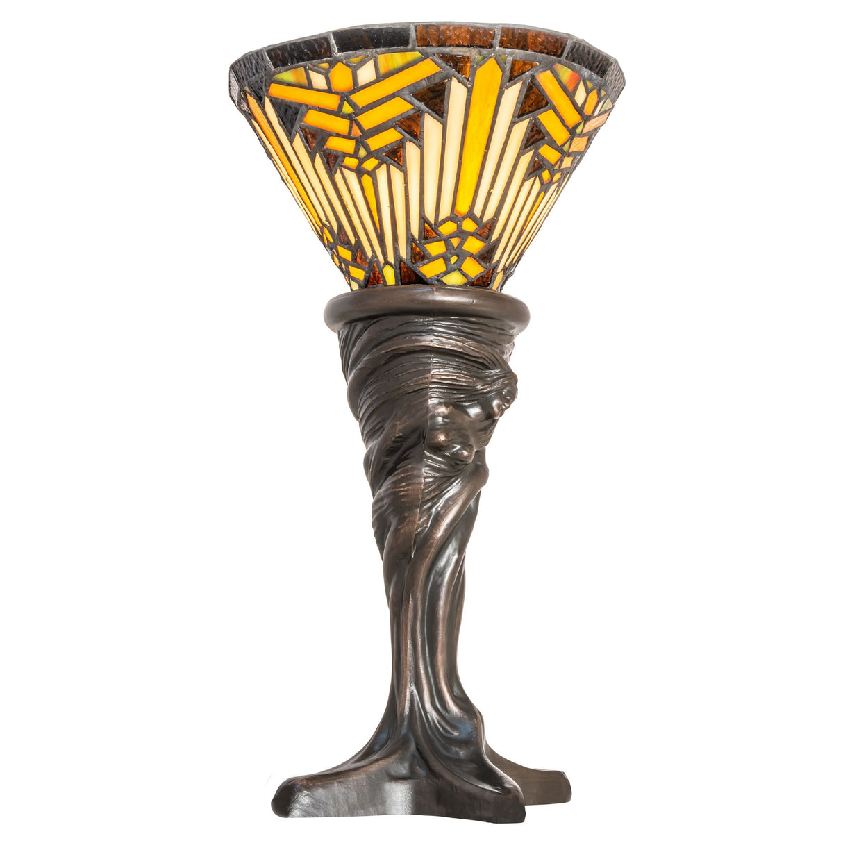 15-inch Nuevo Mission Mini Lamp illuminated, highlighting its vibrant glass colors.