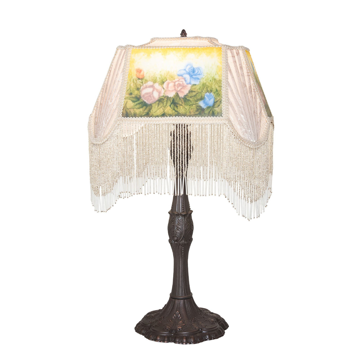 Front view of 21-inch reverse-painted roses table lamp.