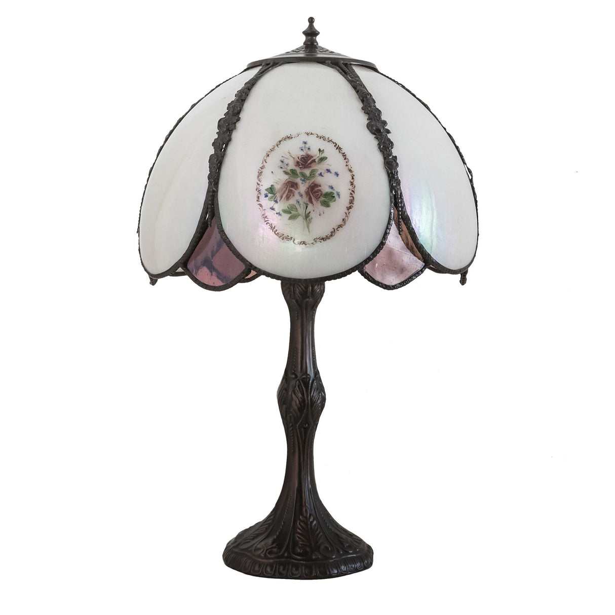 Classic table lamp with roses hand-painted on white glass shade.