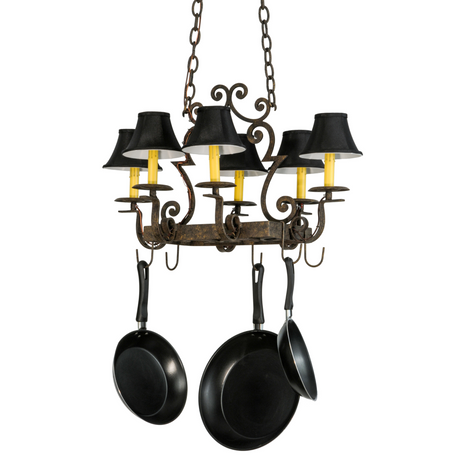 Angled view of Elara 6-light chandelier showcasing scrolled iron frame.