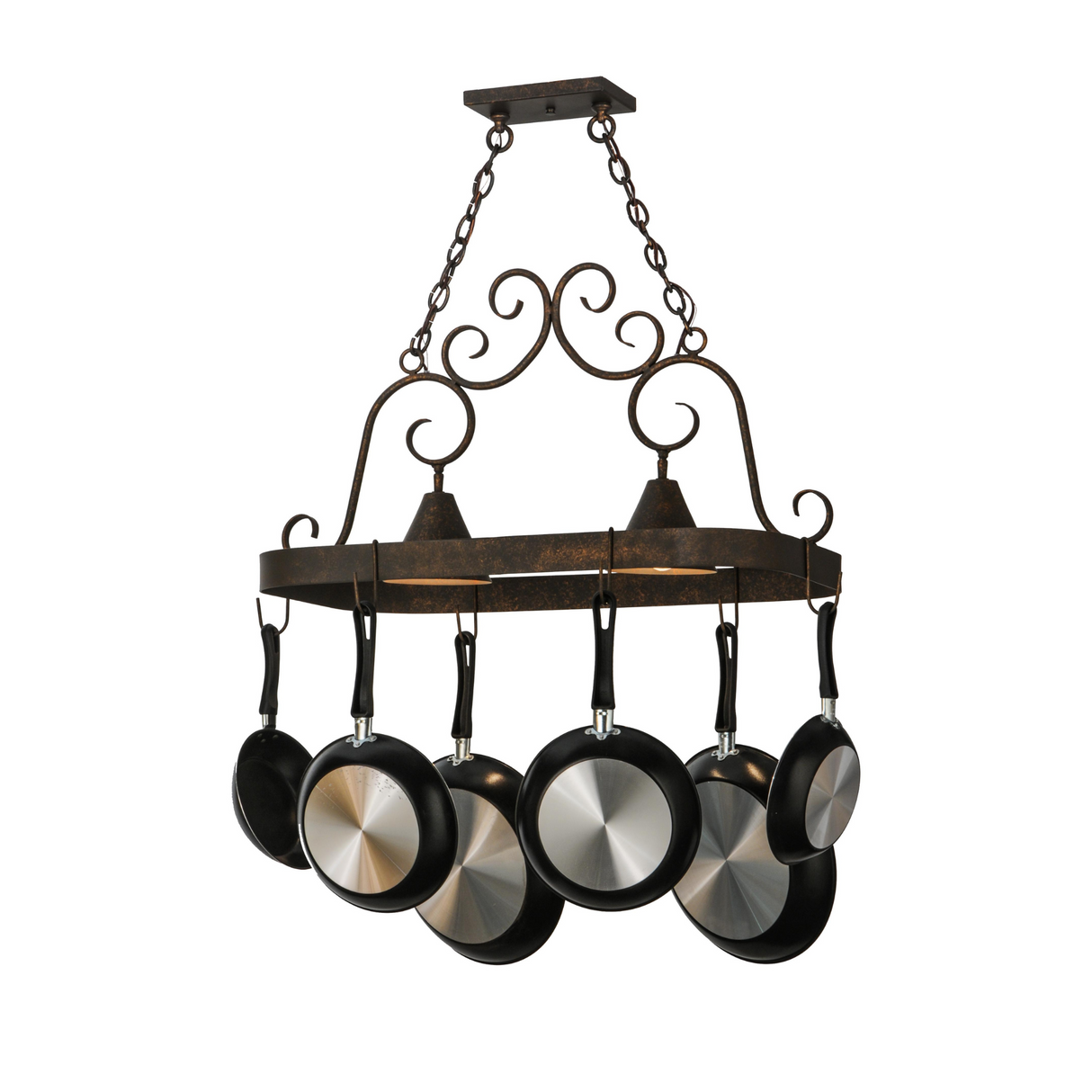 32" Elana lighted pot rack shown from angle view.