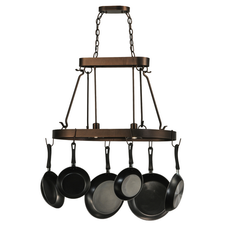 32" Harmony 2 Light Pot Rack front view with pans.