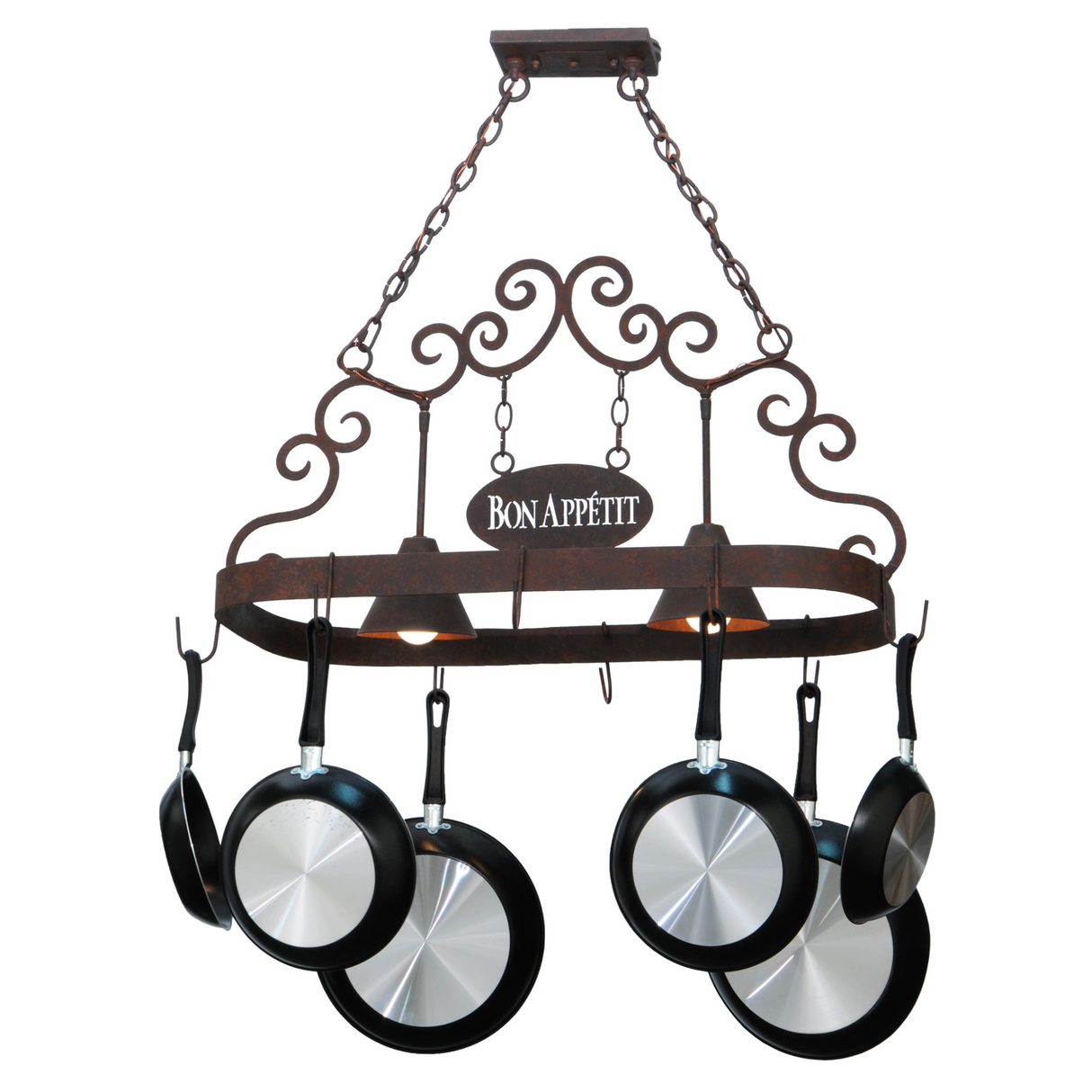 Angled view of lit Bon Appetit 2 Light Pot Rack with cookware.