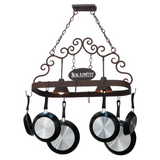 Angled view of lit Bon Appetit 2 Light Pot Rack with cookware.