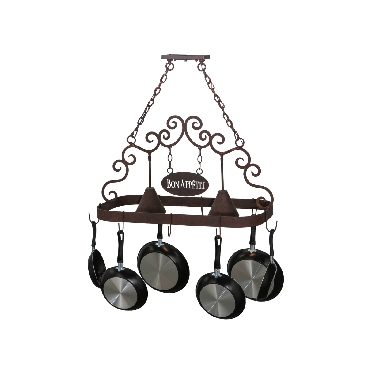 Side angle showing scroll accents and hanging pans.
