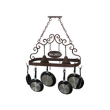 Side angle showing scroll accents and hanging pans.