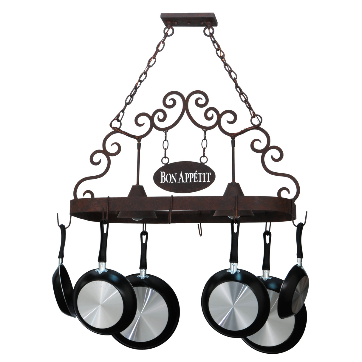Bon Appetit 2 Light Pot Rack front view unlit, hanging pans.