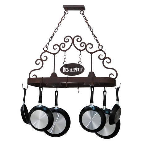 Bon Appetit 2 Light Pot Rack front view unlit, hanging pans.