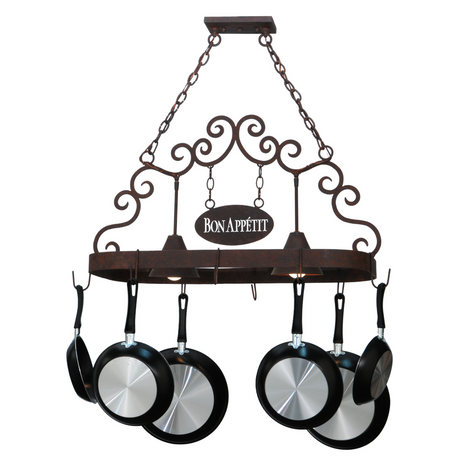 Front view of 34" Bon Appetit 2 Light Pot Rack with pans.