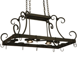 Angle view of 43" Long Caiden 2 Light Pot Rack with scroll design.