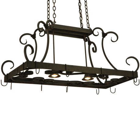Angle view of 43" Long Caiden 2 Light Pot Rack with scroll design.